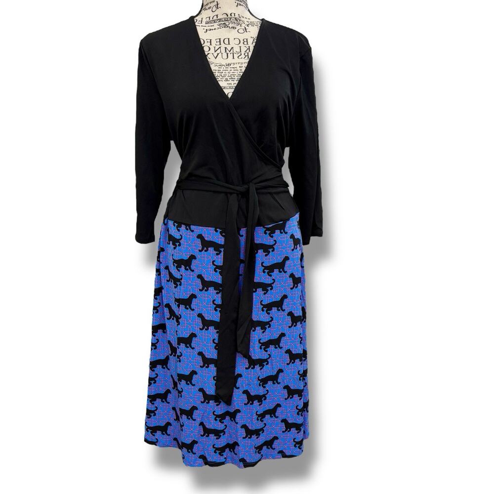 Leota Black Wrap Top with Blue Patterned Skirt Mini Dress